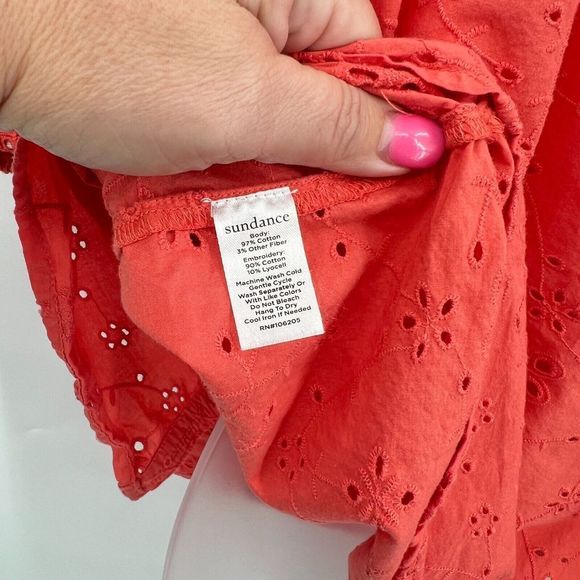 Sundance Corsica Eyelet Top Women's Large Orange Coral Button Up Elbow Sleeve - Picture 9 of 9